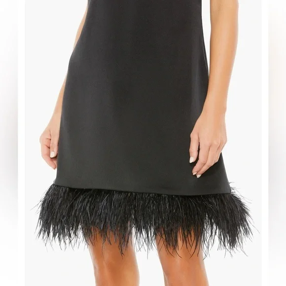 Mac Duggal Ieena 55805 Feather Hem Sleeveless Dress Black Mini party NWT 8